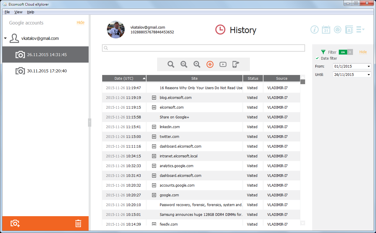 Elcomsoft Cloud Explorer: browsing history