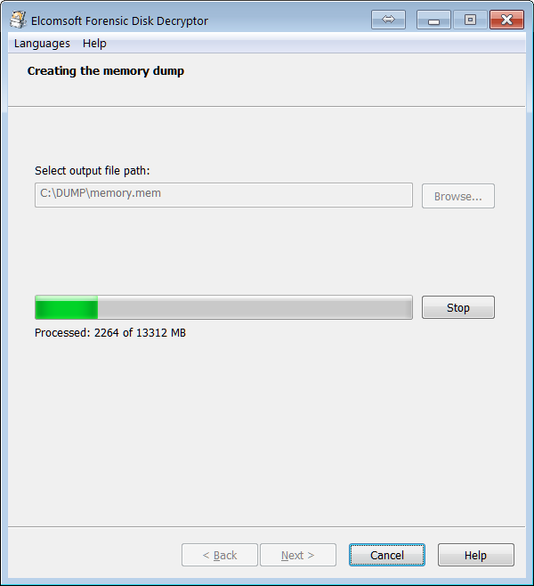 Elcomsoft Forensic Disk Decryptor creating memory dump